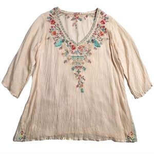 Johnny Was Pale Orange V-neck Small Embroidered 3/4 Sleeve Boho Floral Tunic Top